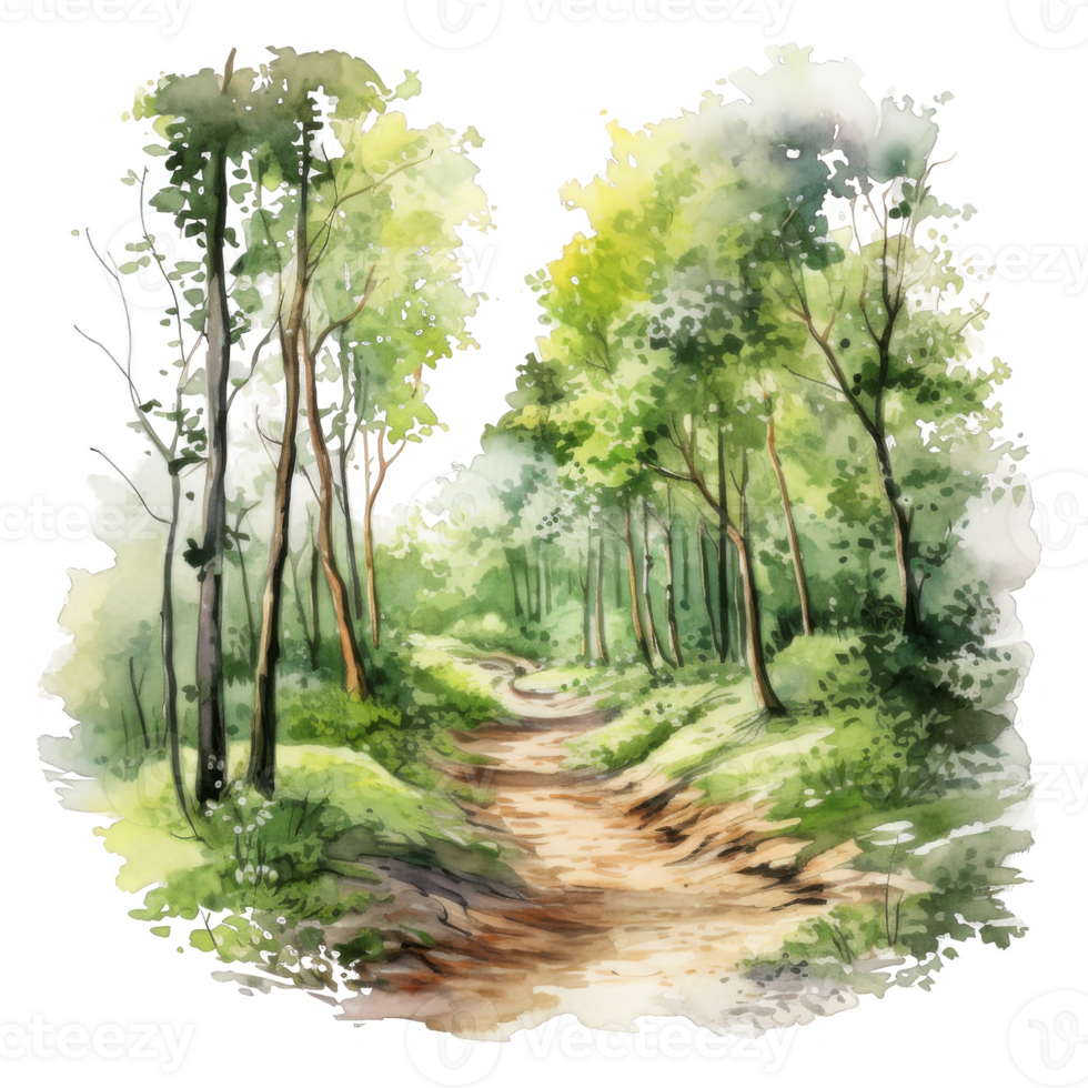 Watercolor Painting of a Winding Path Through a Lush Forest png