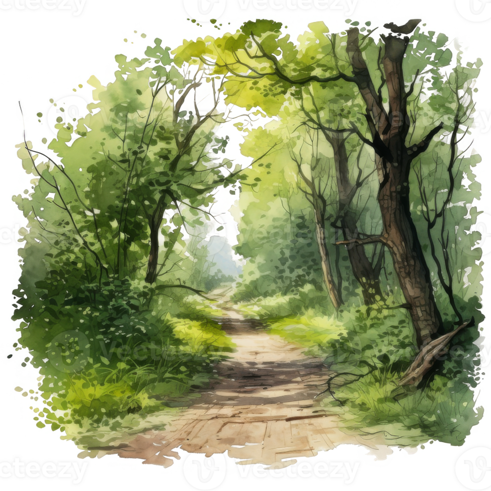 Watercolor Painting of a Path Through a Lush Green Forest png