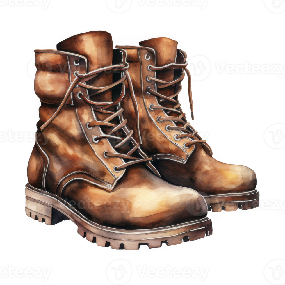 Watercolor Illustration of Two Brown Leather Boots with Laces png