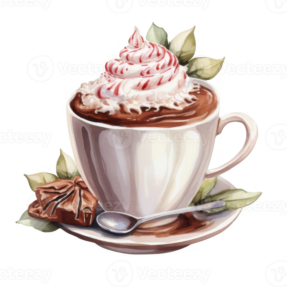 Watercolor Illustration of a Cup of Hot Chocolate with Whipped Cream and Candy Cane Sprinkles png