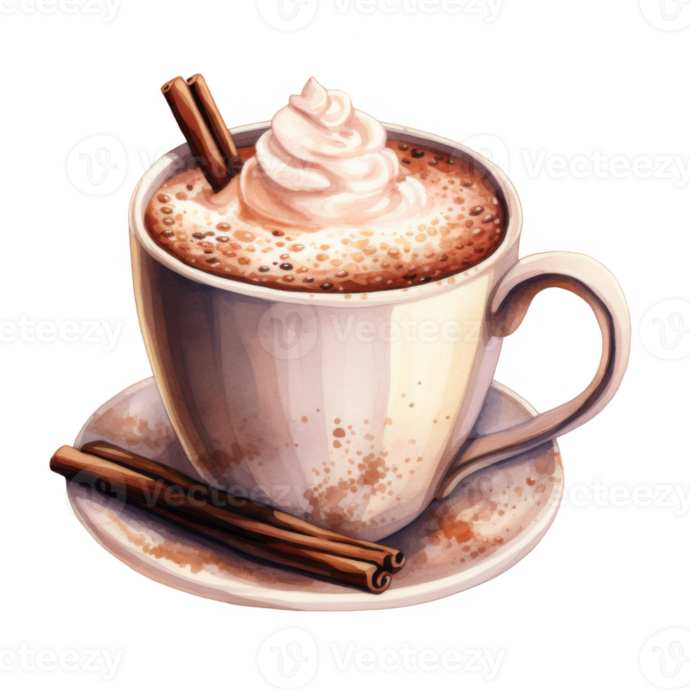 Watercolor Illustration of a Mug of Hot Chocolate with Whipped Cream and Cinnamon Sticks png