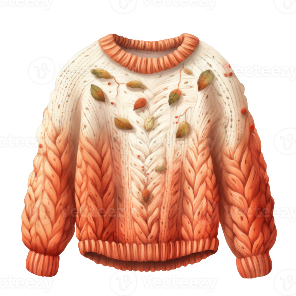 Orange and White Knit Sweater with Autumn Leaves png