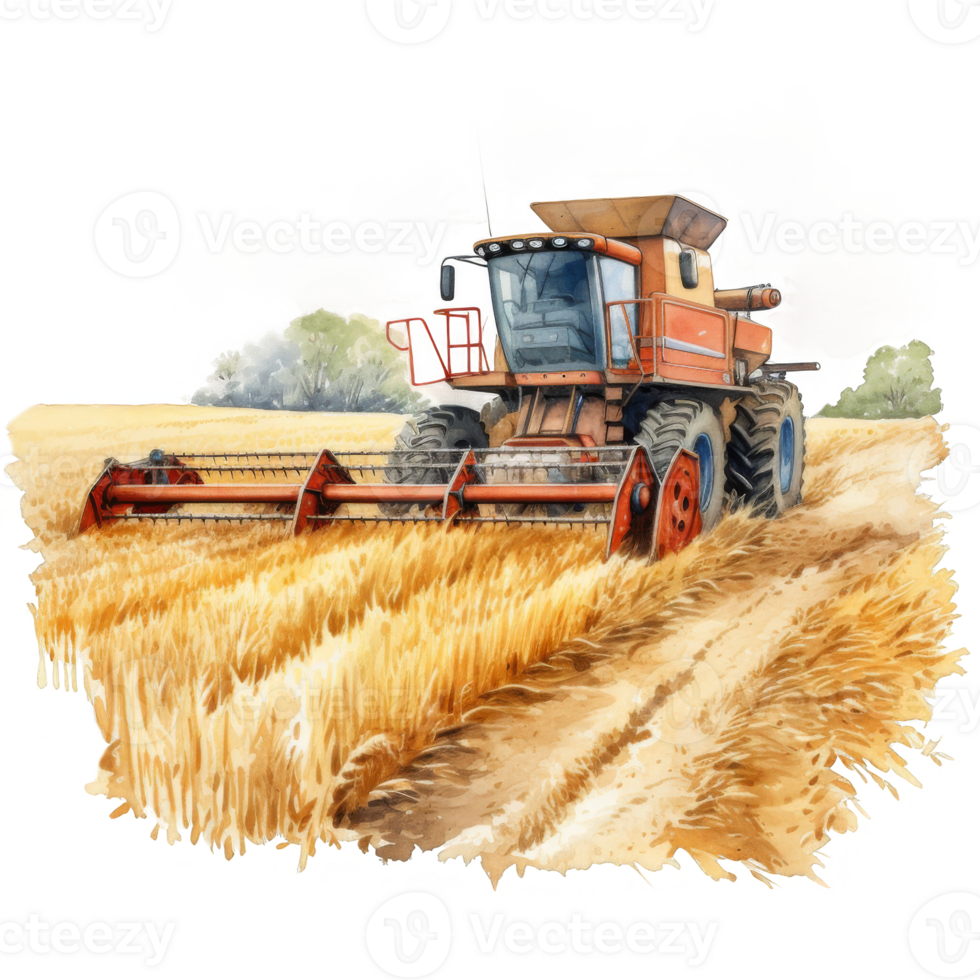 Red Combine Harvester Harvesting Wheat in a Field png