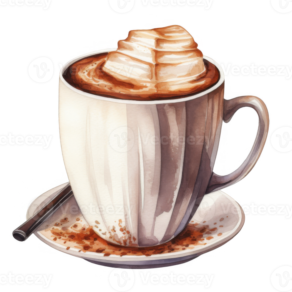 Watercolor Illustration of a Cup of Coffee with Whipped Cream png