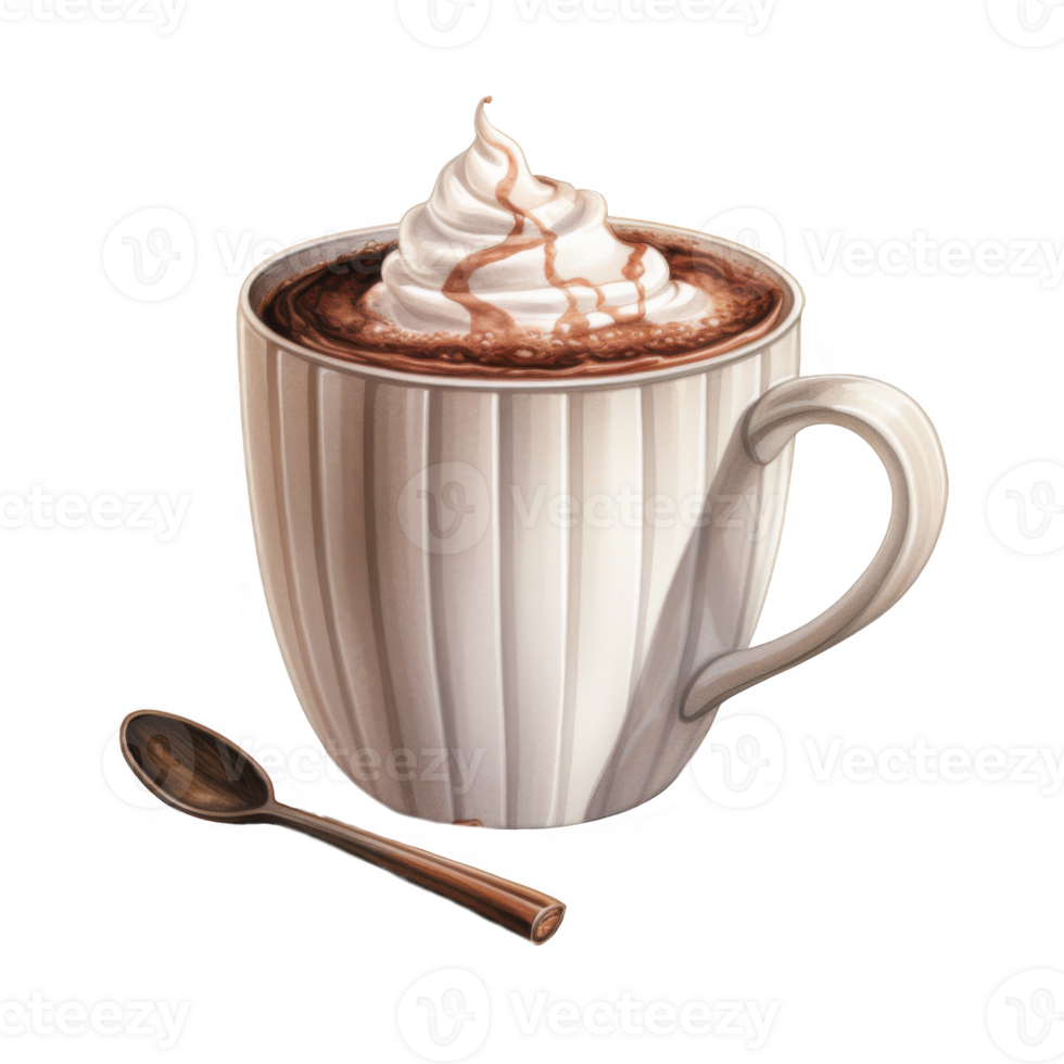 Whipped Cream Topped Hot Chocolate in a White Mug with Spoon png