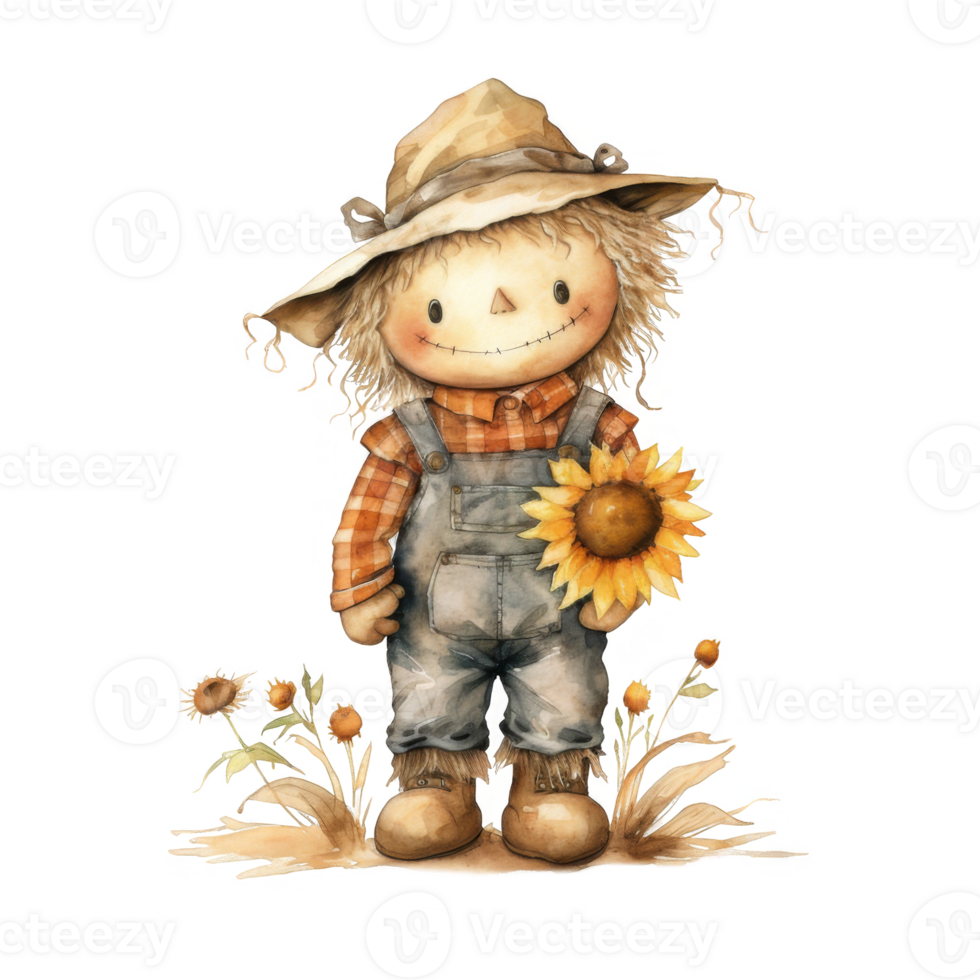 Watercolor Illustration of a Smiling Scarecrow Holding a Sunflower png
