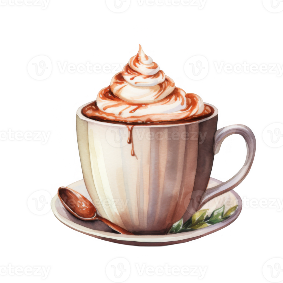 Watercolor Illustration of a Cup of Coffee with Whipped Cream and Caramel Drizzle png