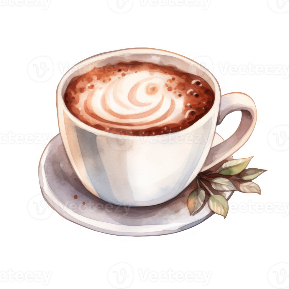 Watercolor Illustration of a Cup of Coffee with Latte Art and a Saucer png