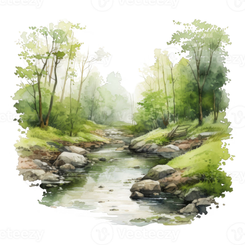 Watercolor Painting of a Stream Winding Through a Forested Landscape png