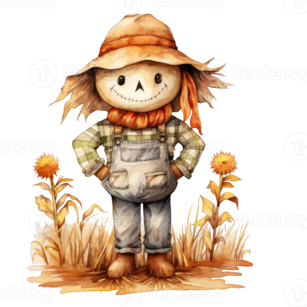 Watercolor Illustration of a Smiling Scarecrow in a Field png