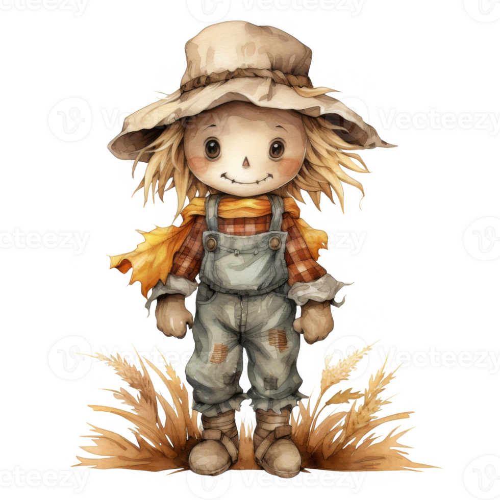 A Watercolor Illustration of a Smiling Scarecrow in a Field png