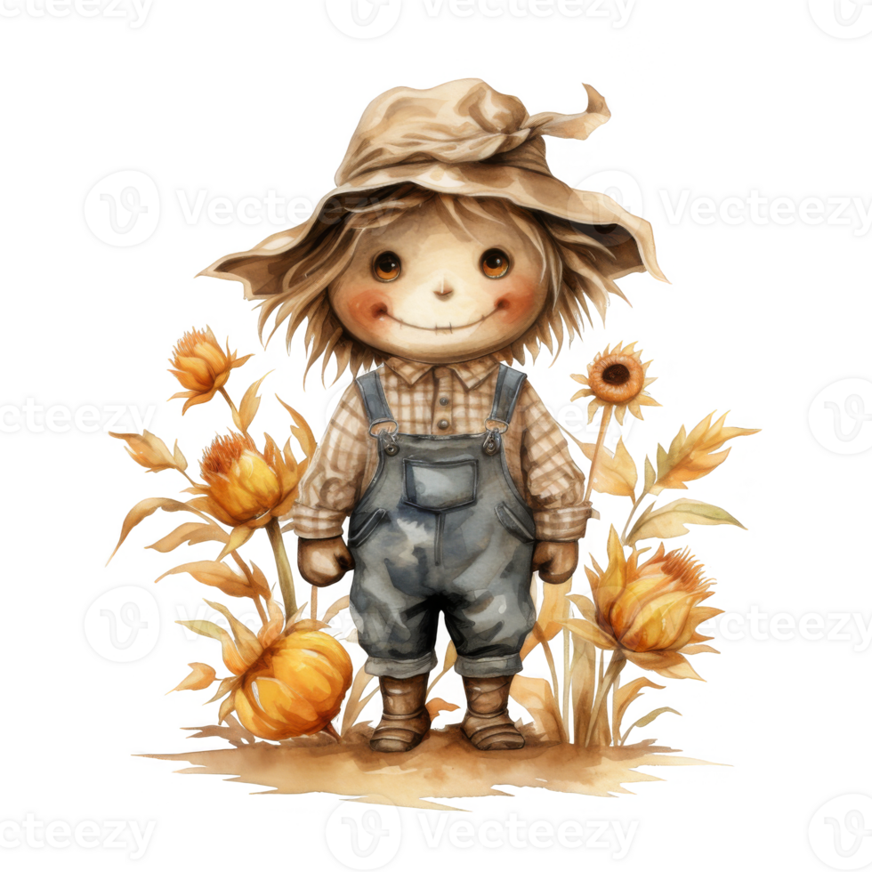 A Smiling Scarecrow in a Field of Fall Flowers and Pumpkins png