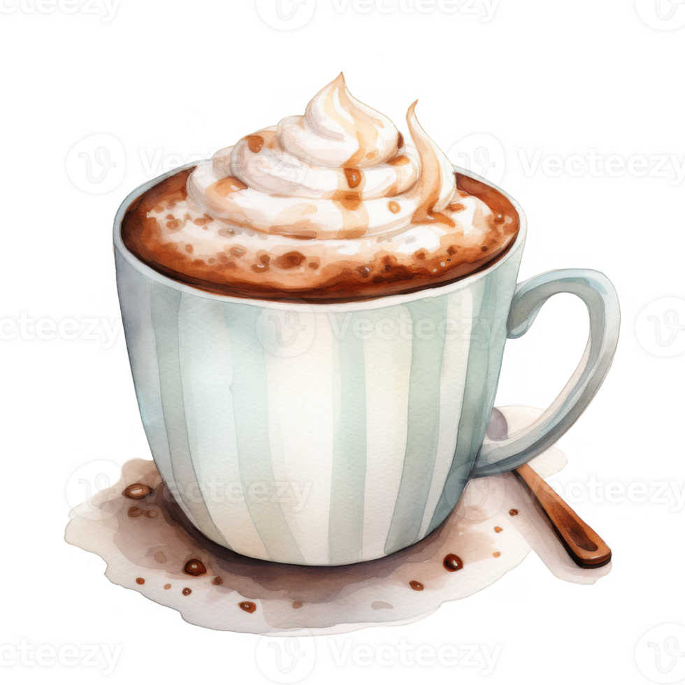 Watercolor Illustration of a Striped Mug with Whipped Cream and Caramel Drizzle png