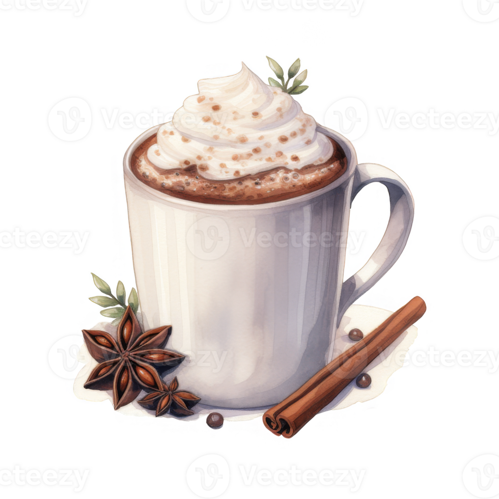 Watercolor Illustration of a Cup of Hot Chocolate with Whipped Cream and Spices png