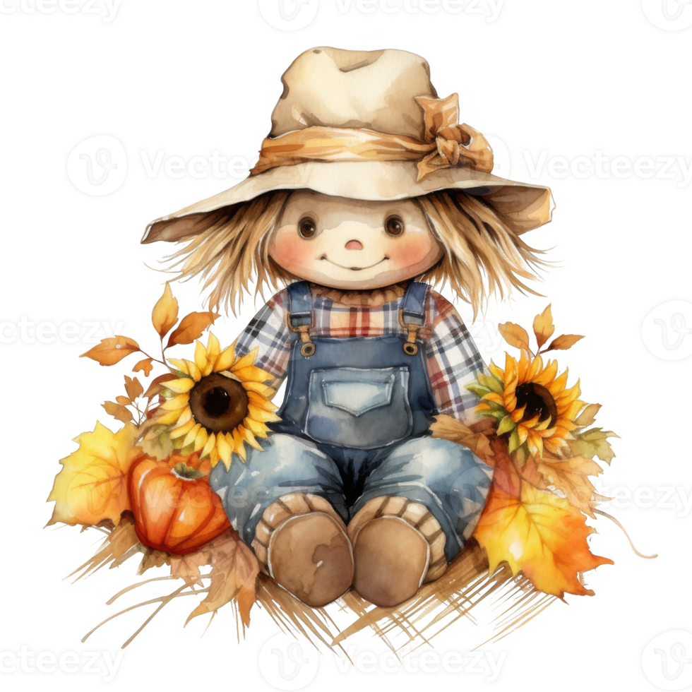Watercolor Illustration of a Smiling Scarecrow with Fall Decorations png