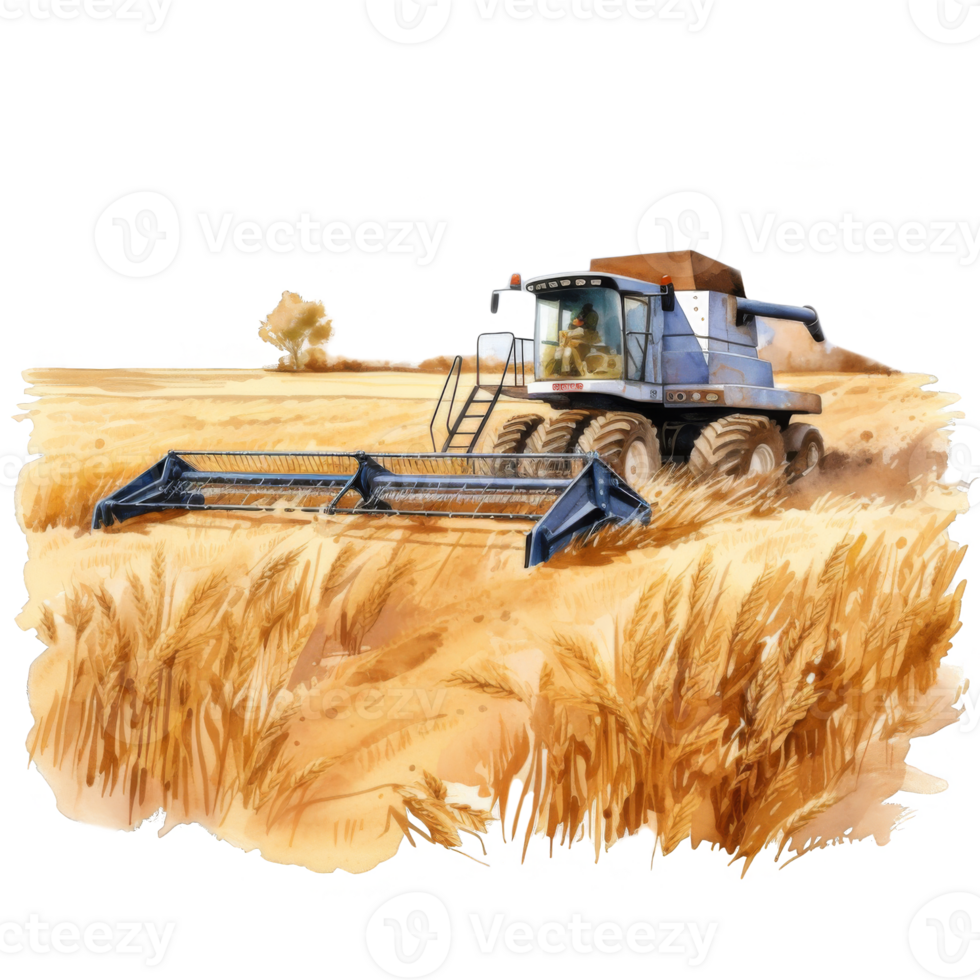A combine harvester in a wheat field, harvesting golden wheat png