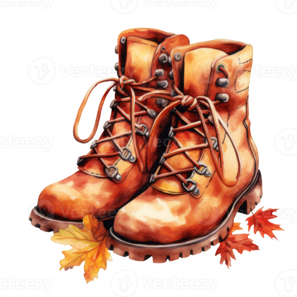 Watercolor Illustration of Two Brown Hiking Boots with Autumn Leaves png
