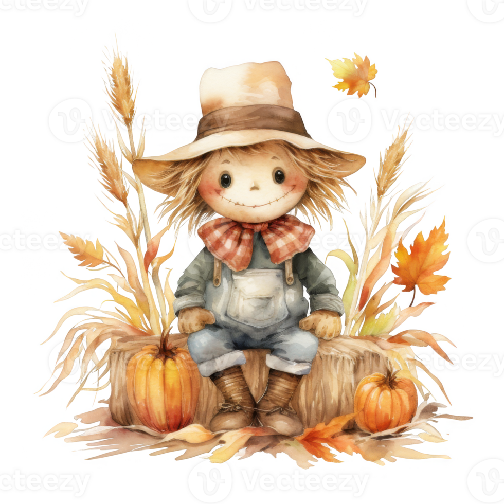 Watercolor Illustration of a Smiling Scarecrow Sitting on a Hay Bale with Pumpkins and Fall Foliage png
