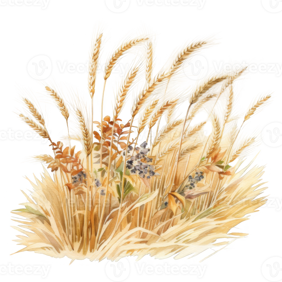 Watercolor Illustration of Wheat Stalks with Berries png
