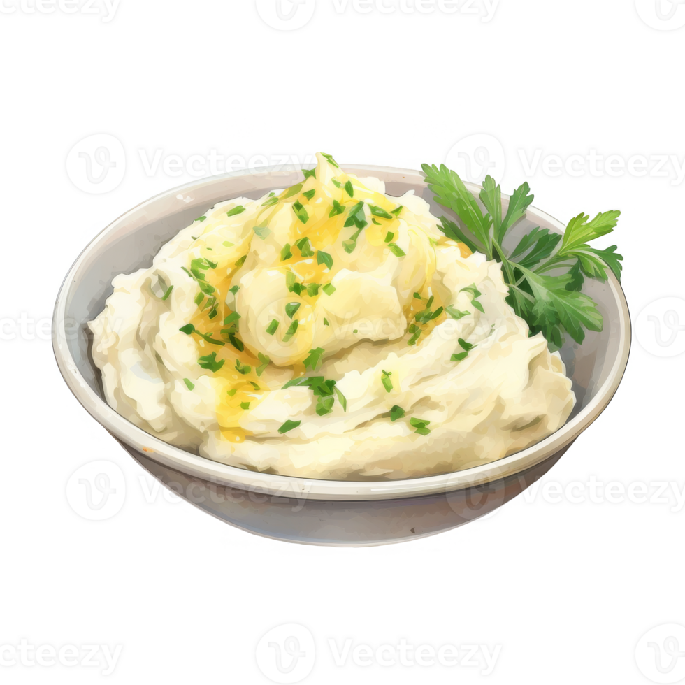 Bowl of Mashed Potatoes with Butter and Parsley Garnish png