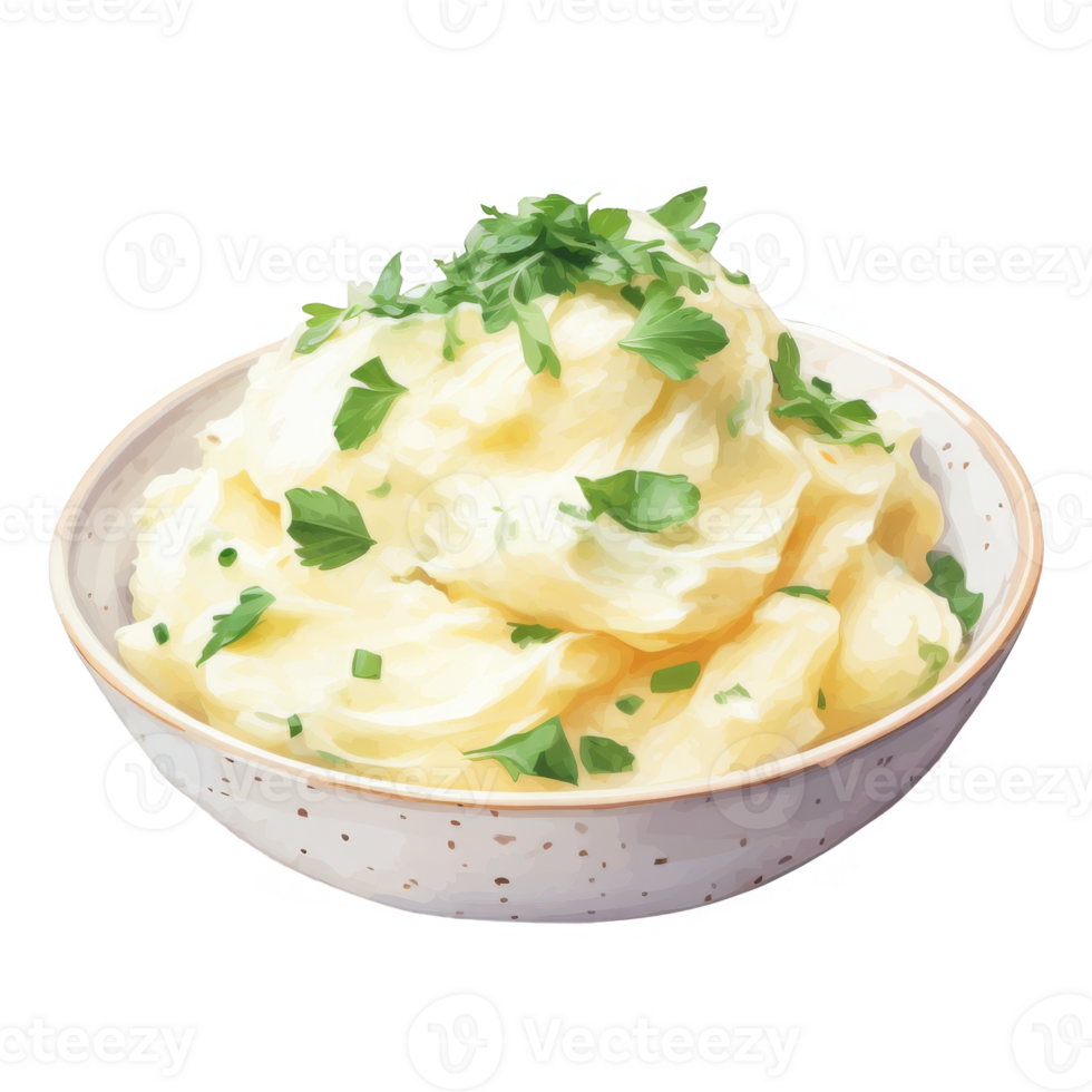 Creamy Mashed Potatoes with Parsley Garnish in a Speckled Bowl png