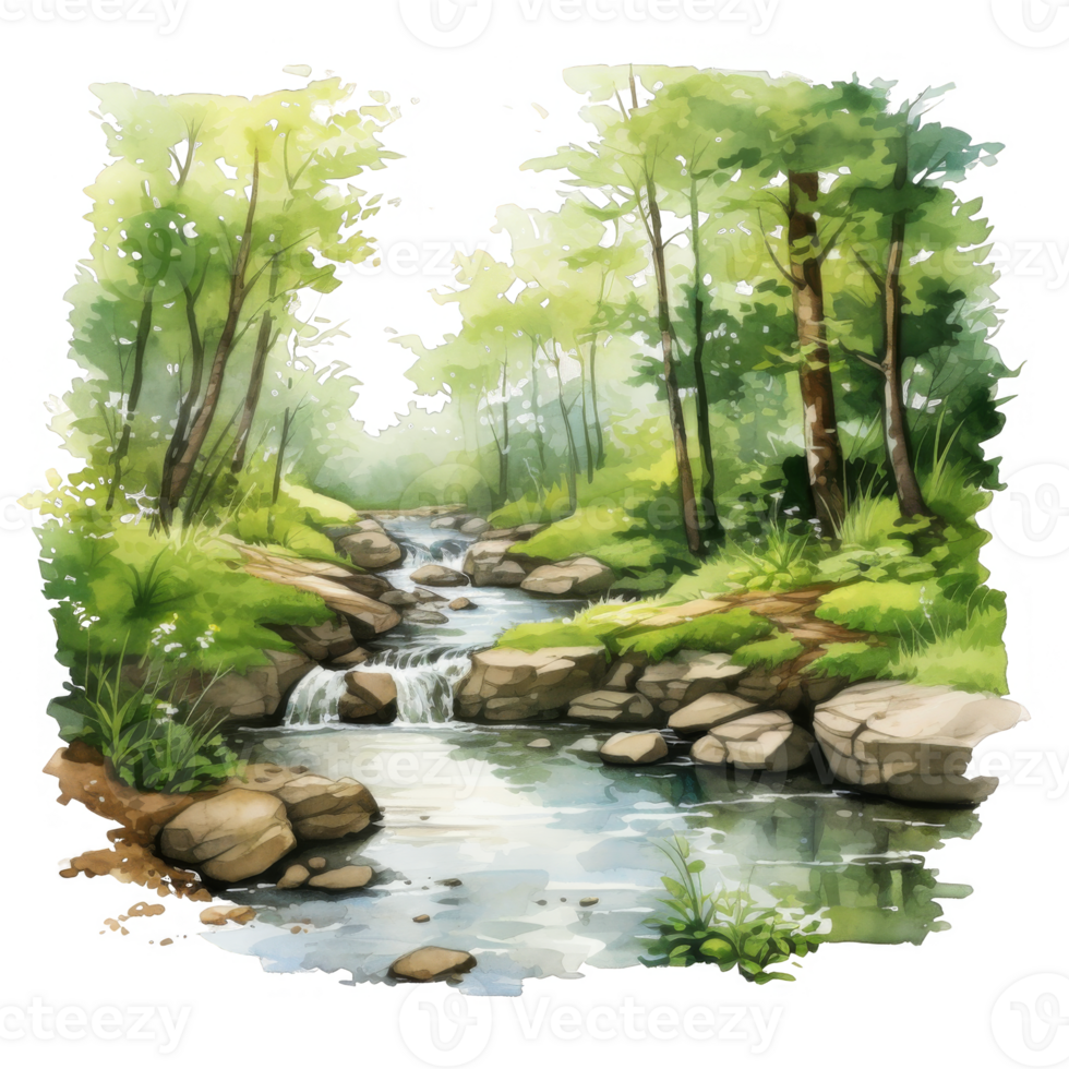 Watercolor Illustration of a Serene Stream Flowing Through a Lush Forest png