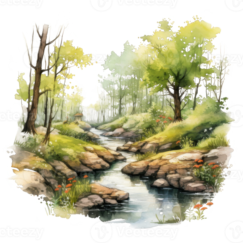 Watercolor Painting of a Winding Stream in a Forest png