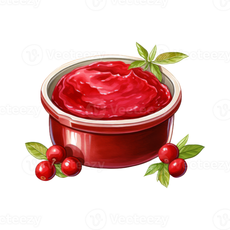 A bowl of cranberry sauce with fresh cranberries and leaves png
