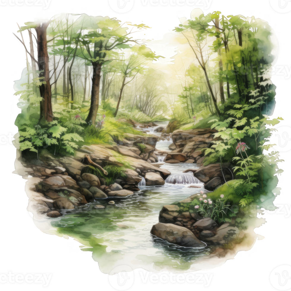 Serene Stream Winding Through a Lush Forest png