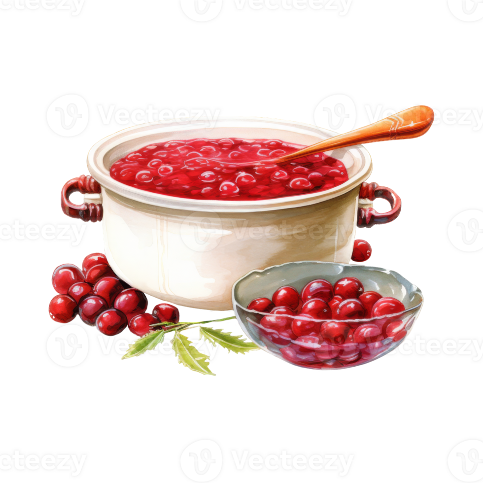 Cranberry Sauce in a White Pot with a Spoon and a Bowl of Cranberries png