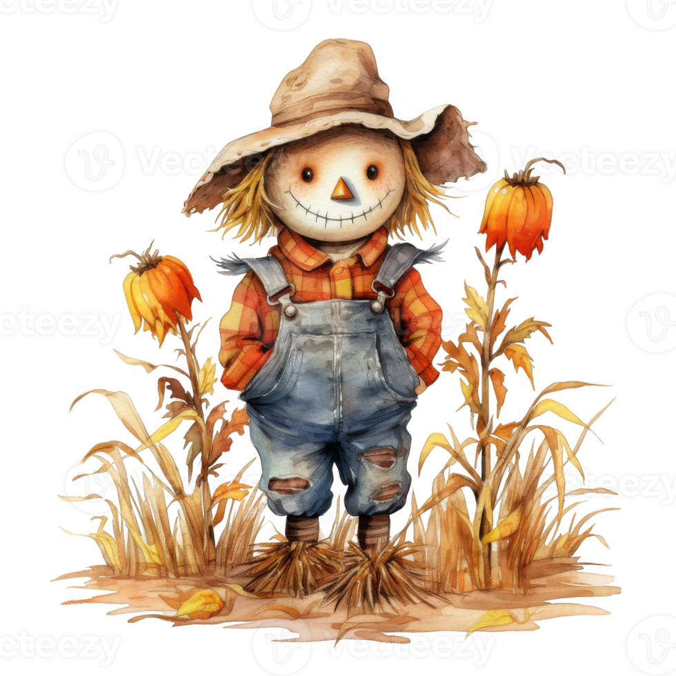 Watercolor Illustration of a Friendly Scarecrow with Autumn Flowers png
