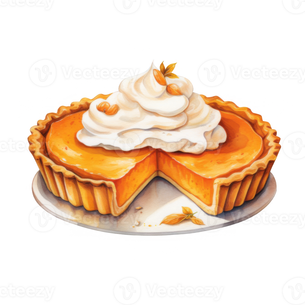 A slice missing from a pumpkin pie topped with whipped cream png