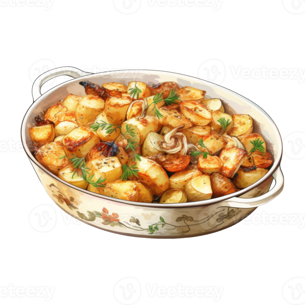 Roasted Potatoes and Onions in a White Serving Dish png