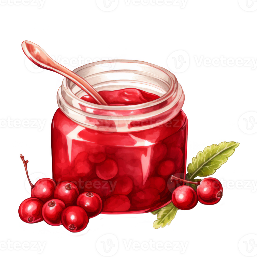 Glass Jar of Red Cranberry Jam with Spoon and Fresh Cranberries png