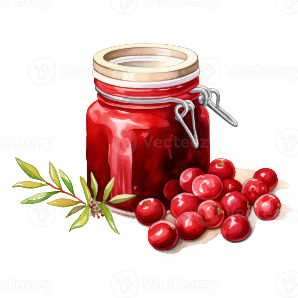 Watercolor Illustration of a Jar of Red Berry Jam with Berries png