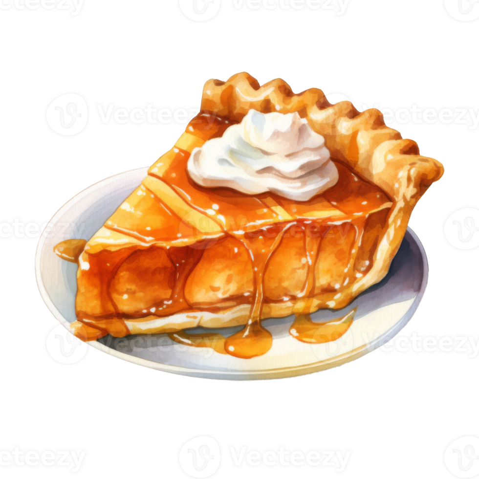 Watercolor Painting of a Slice of Pumpkin Pie with Whipped Cream and Drizzled Syrup on a Plate png
