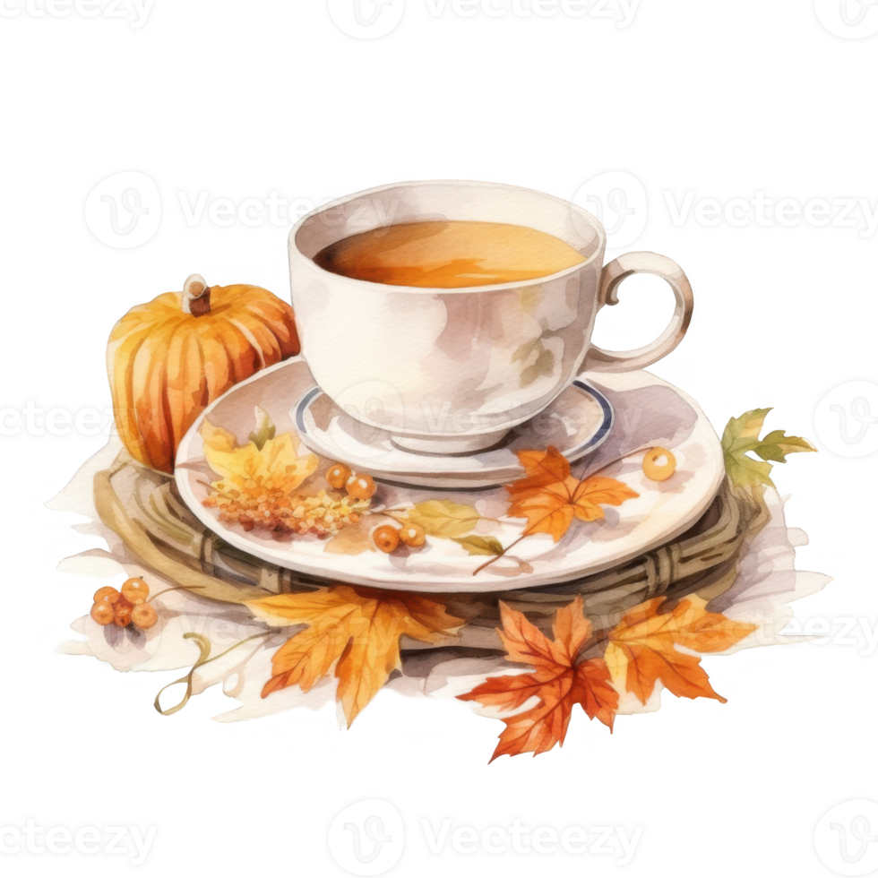 Watercolor Illustration of Autumnal Tea with Pumpkin and Leaves png