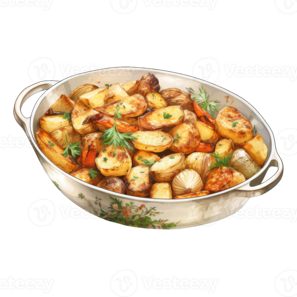 Roasted Potatoes and Onions in a White Dish with Handles png