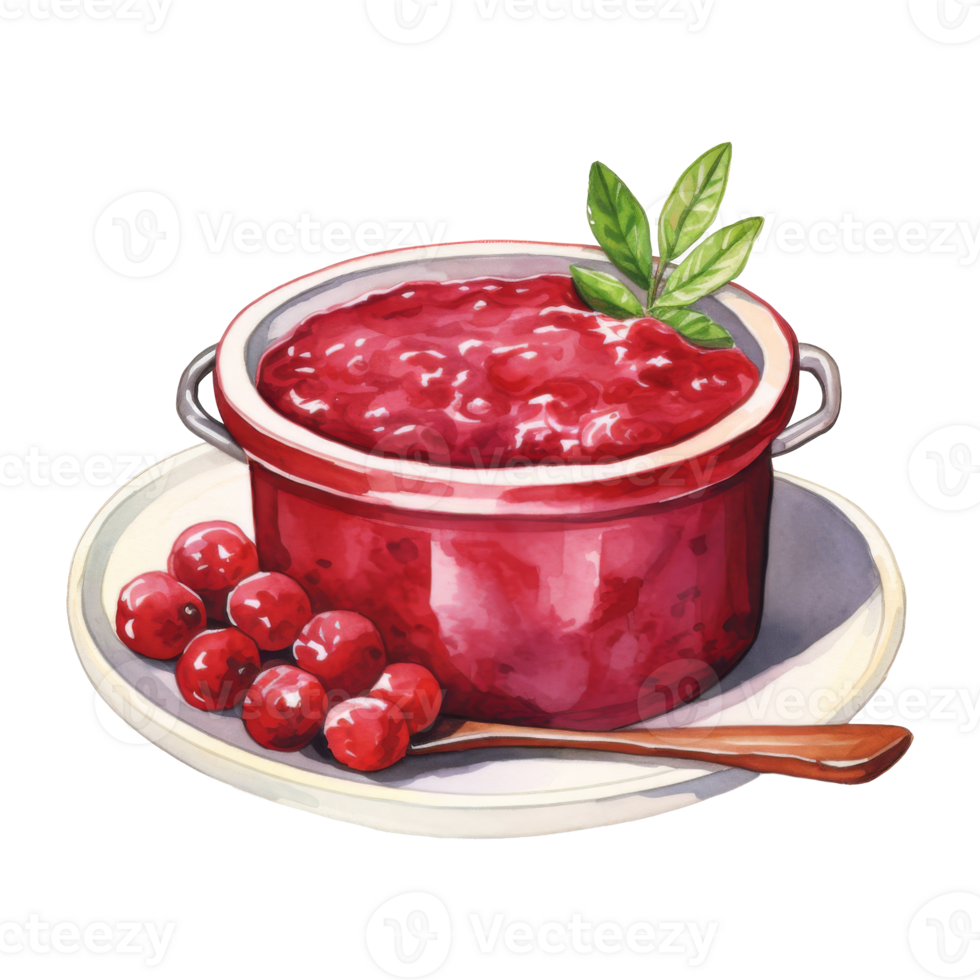 Watercolor Painting of Red Berry Jam in a Pot with Fresh Berries png