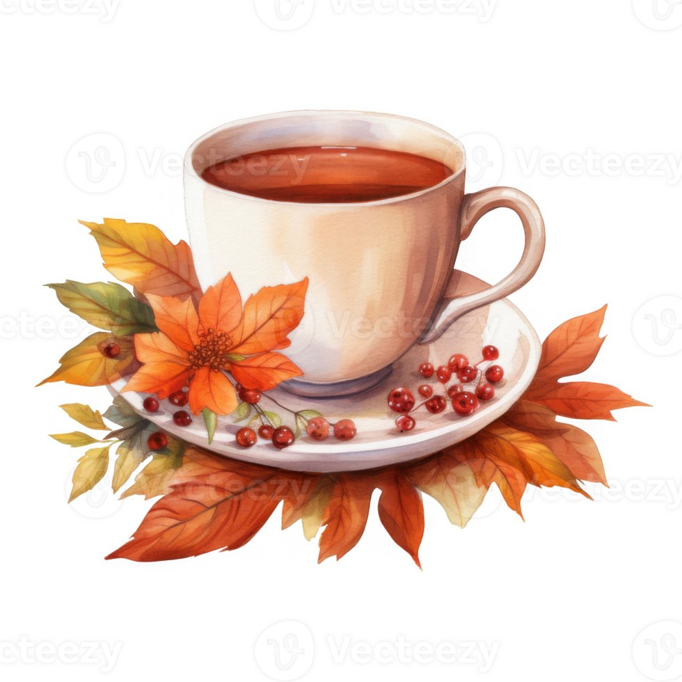 Watercolor illustration of a cup of tea surrounded by autumn leaves and berries png