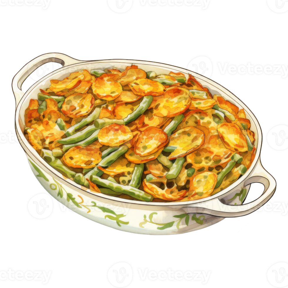 A Watercolor Illustration of a White Serving Dish Filled with Sauteed Potatoes and Green Beans png