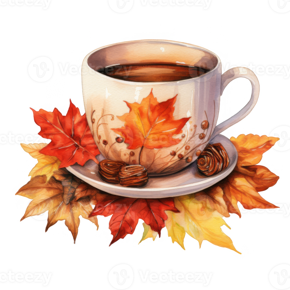 Watercolor Illustration of a Cup of Coffee with Autumn Leaves and Treats png