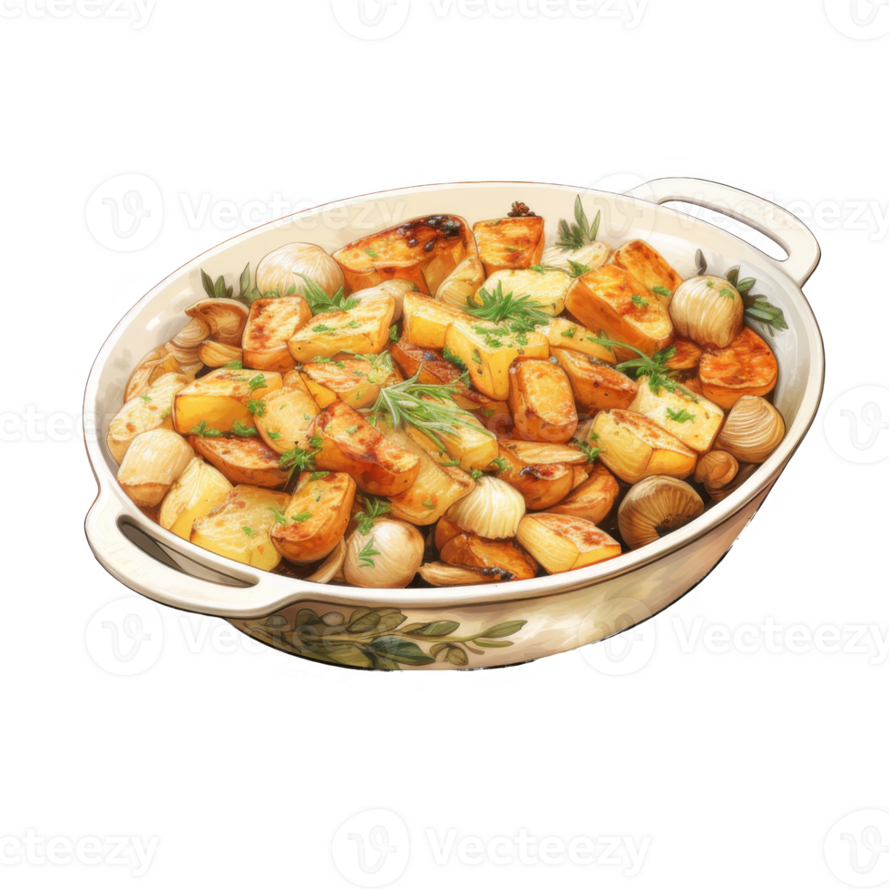 Roasted Potatoes and Garlic in a White Serving Dish png