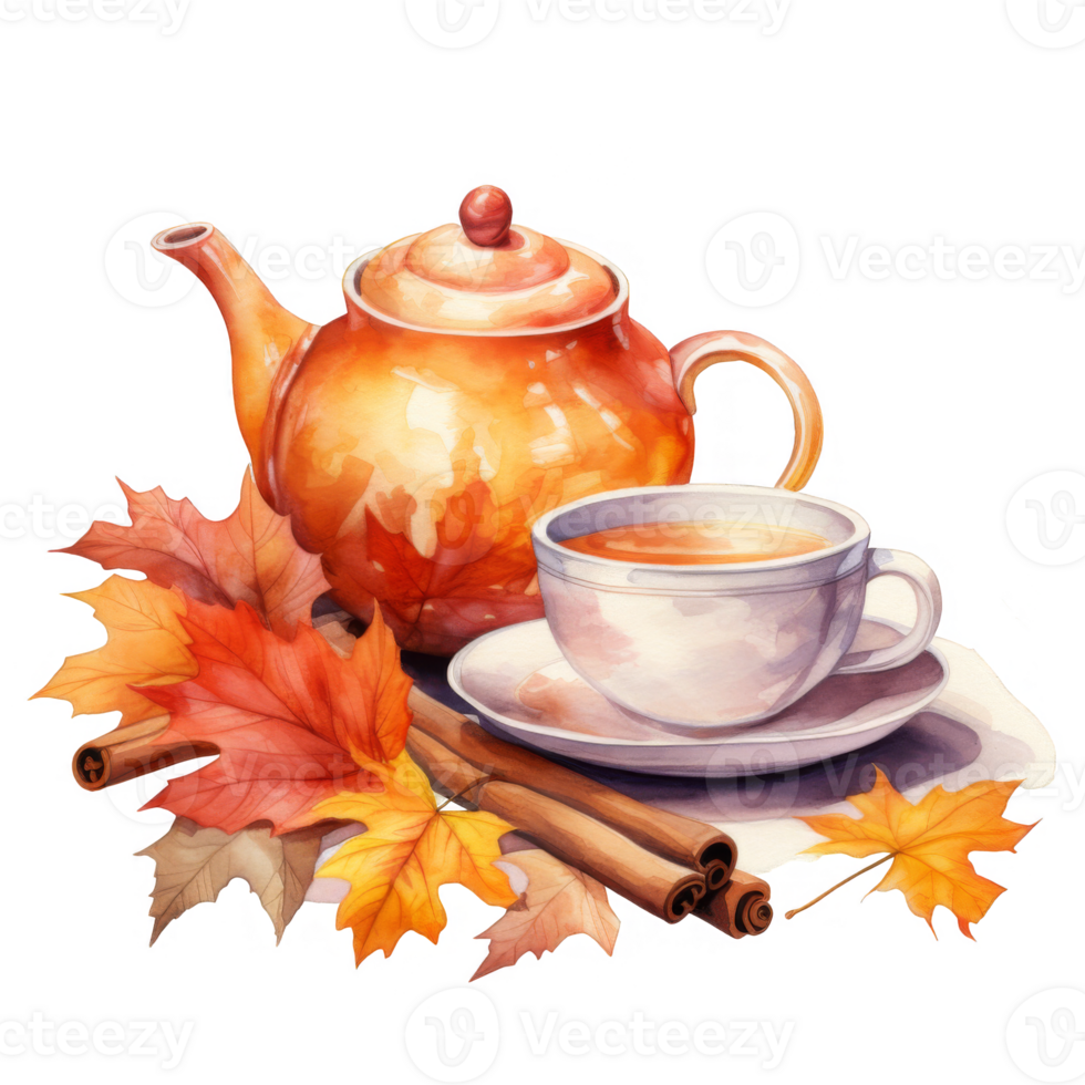 Watercolor Illustration of Teapot, Cup, Cinnamon Sticks, and Autumn Leaves png