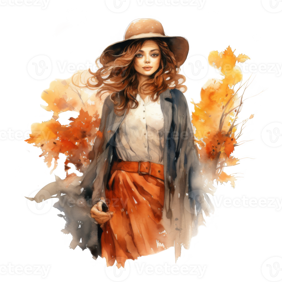 Watercolor Painting of a Woman in a Hat and Autumn Leaves png