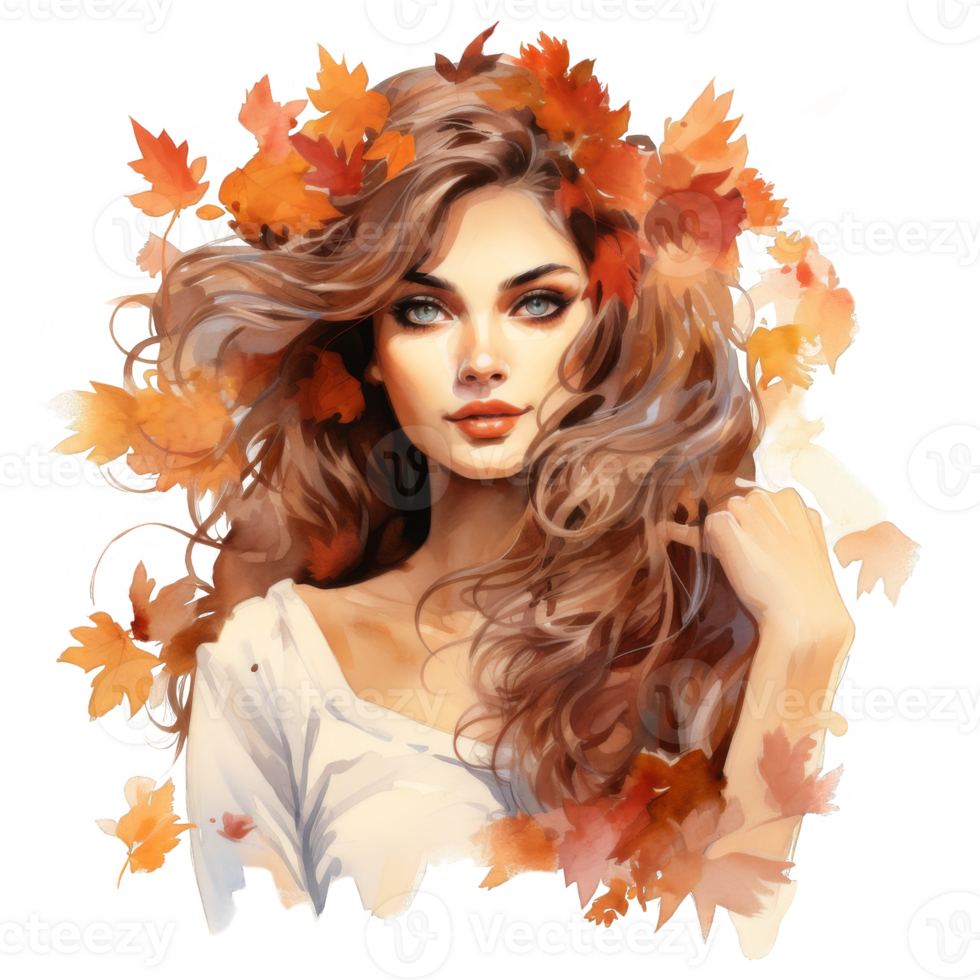 A Woman with Long Brown Hair and Autumn Leaves png