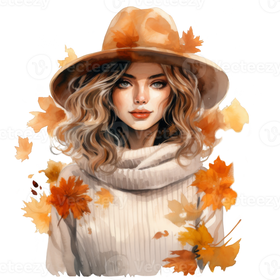 Watercolor Portrait of a Woman in a Brown Hat with Falling Autumn Leaves png