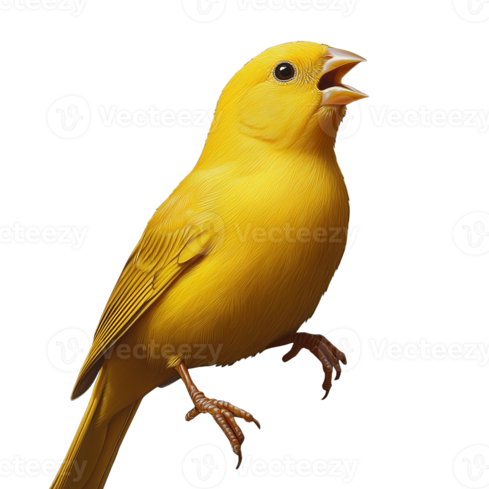 Bright yellow canary singing with beak open against a transparent background png