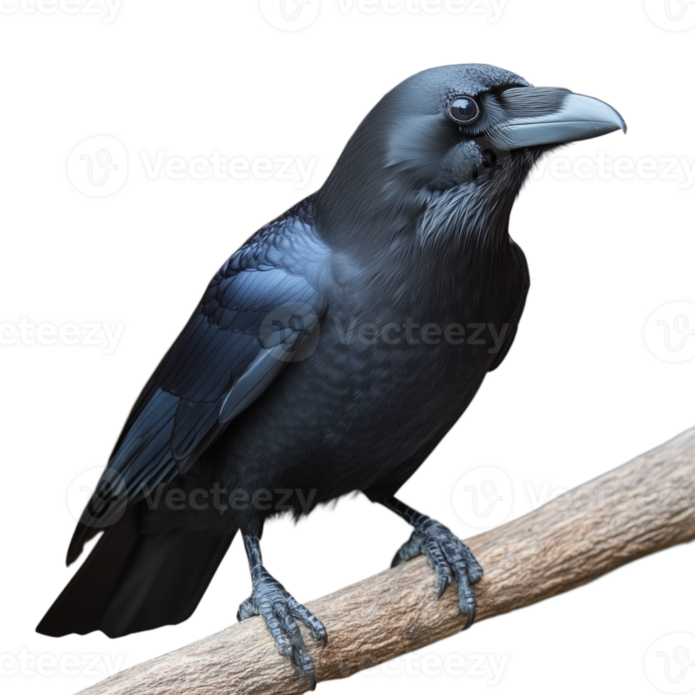 Detailed photo of a black crow perched on a wooden branch against a transparent background png