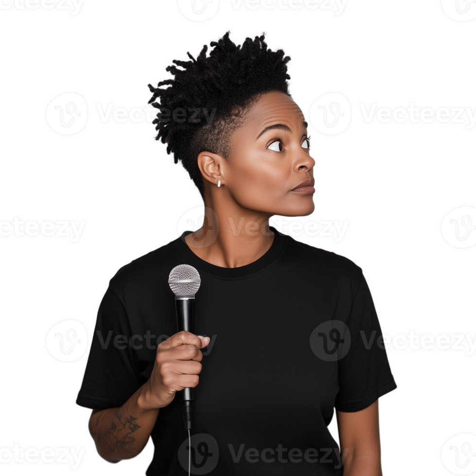 African American woman with short hair holding a microphone, looking sideways against a transparent background png
